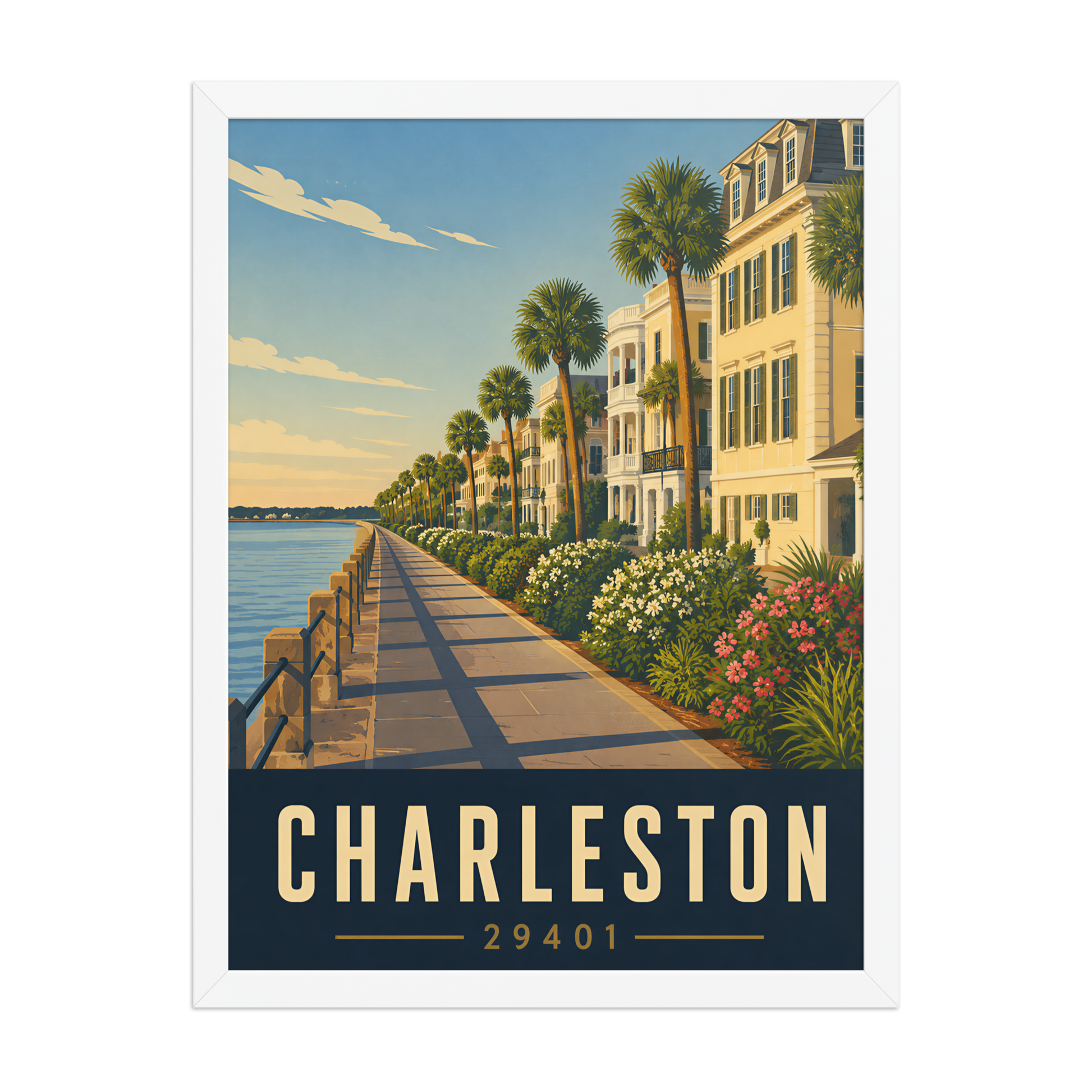Framed Charleston The Battery waterfront poster with 29401 zip code