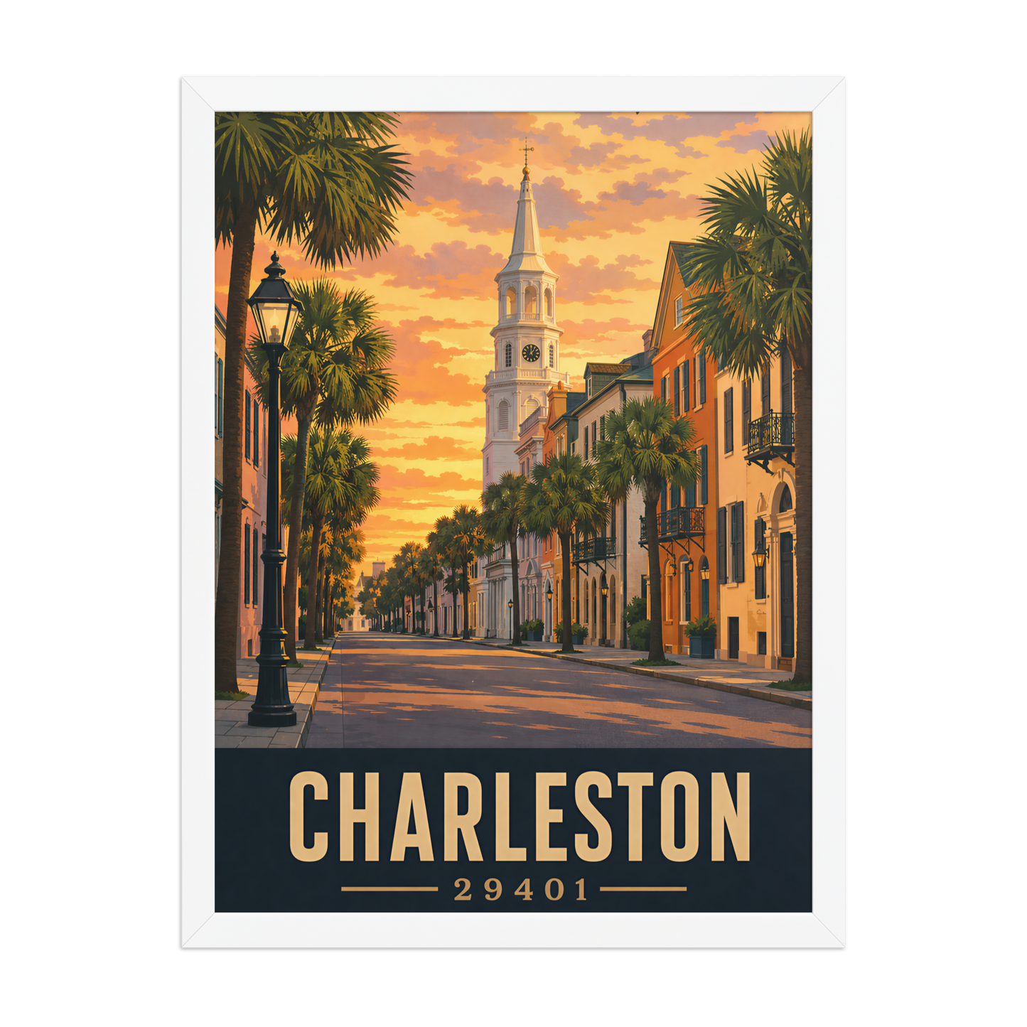 Framed Charleston church steeple sunset poster with 29401 zip code