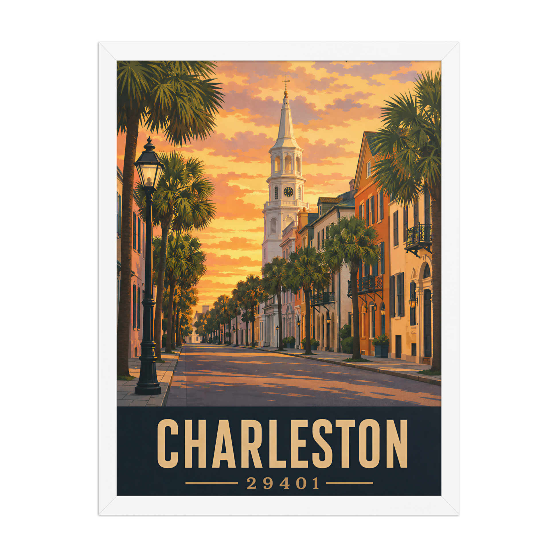 Framed Charleston church steeple sunset poster with 29401 zip code