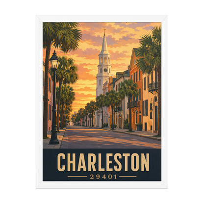 Framed Charleston church steeple sunset poster with 29401 zip code