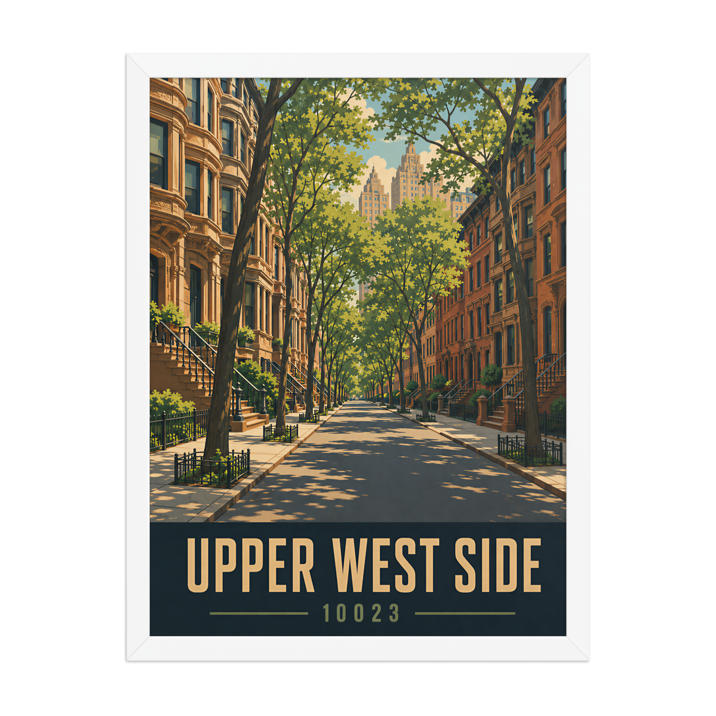 Framed Upper West Side brownstone street poster with 10023 zip code