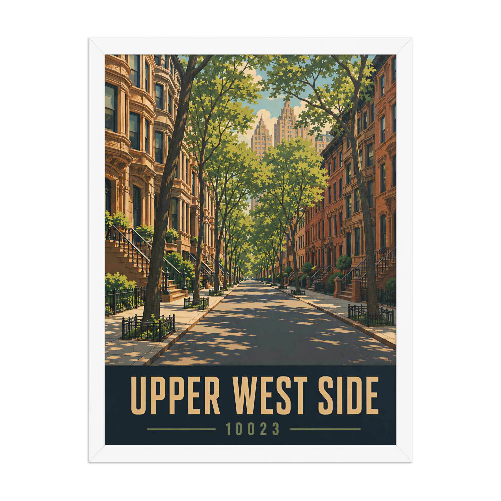Framed Upper West Side brownstone street poster with 10023 zip code