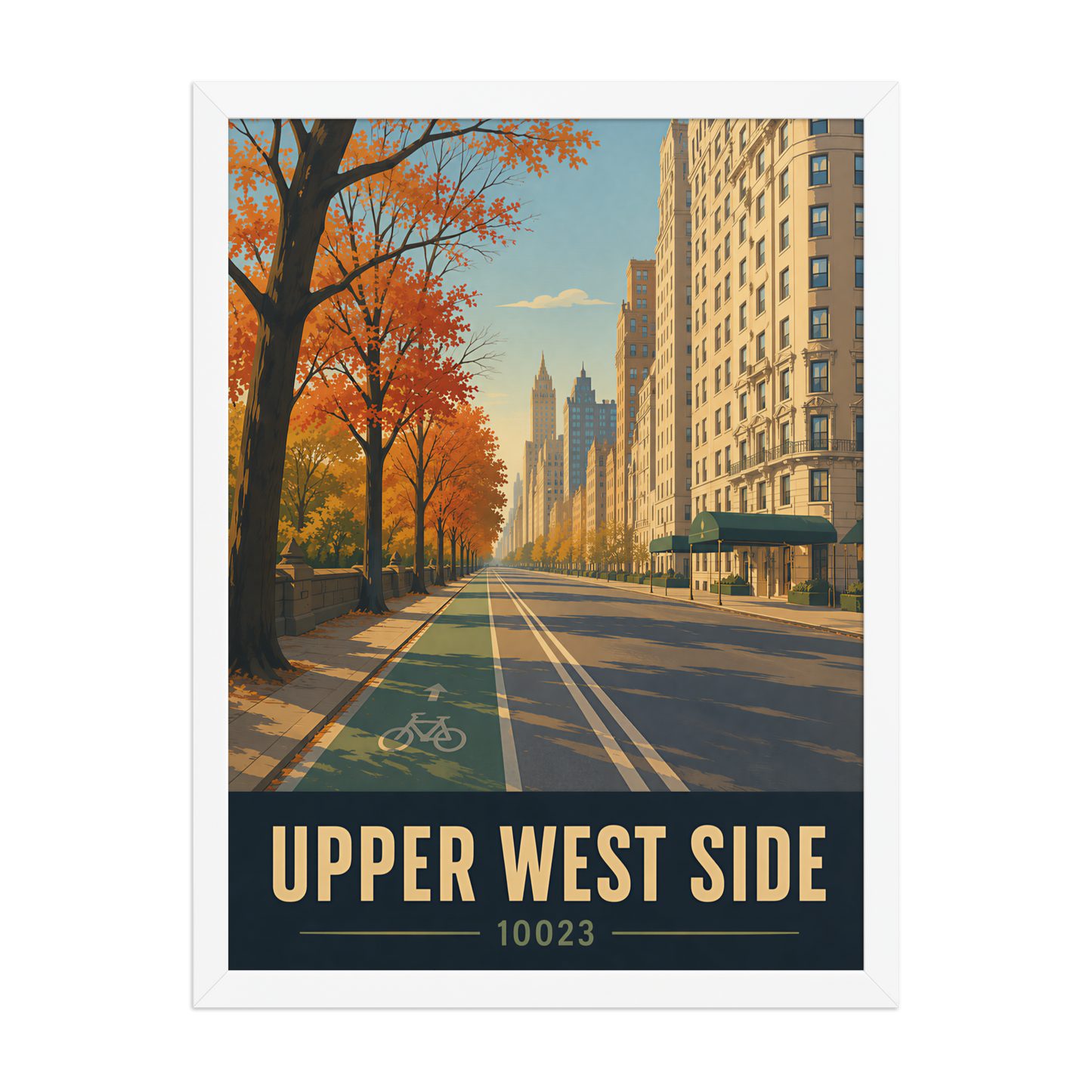 Framed Central Park West autumn poster with 10023 zip code
