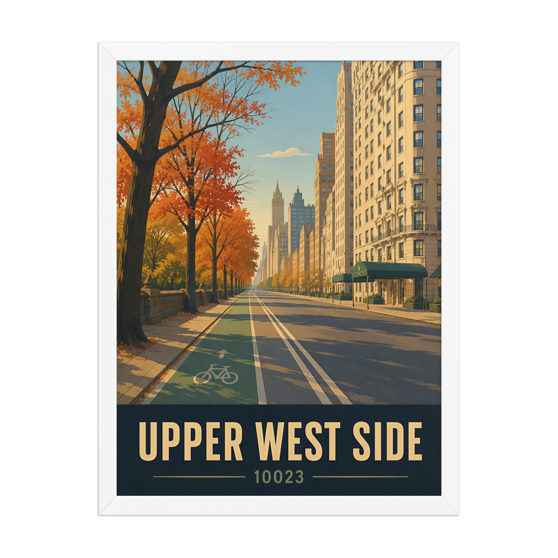 Framed Central Park West autumn poster with 10023 zip code