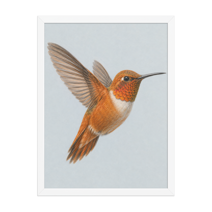 Framed Rufous hummingbird colored pencil illustration print on dusty blue pastel background, wood frame wall art