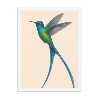 Framed Long-tailed Sylph hummingbird colored pencil illustration print, teal iridescent plumage on warm cream background, wood frame wall art