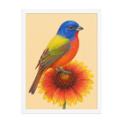 Framed Painted Bunting colored pencil illustration on Indian Blanket flower, wood frame wall art