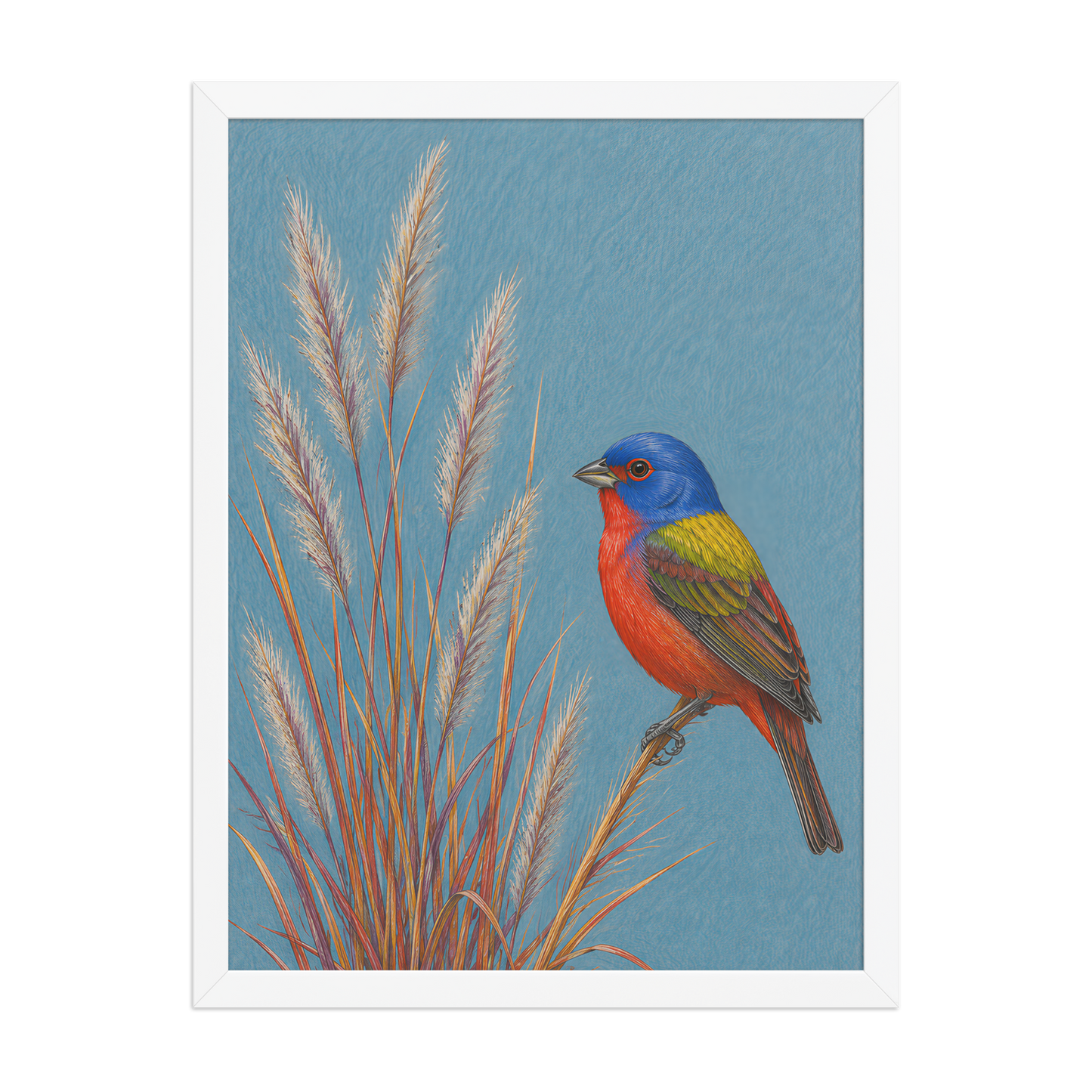Framed Painted Bunting colored pencil illustration in prairie grass, dusty blue background, wood frame wall art