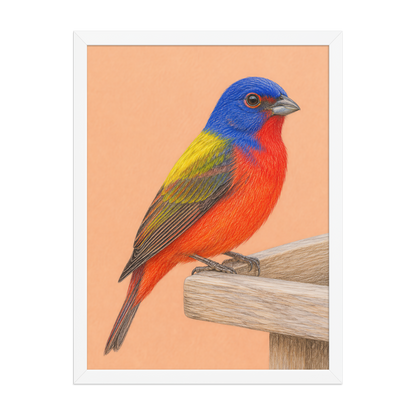 Framed Painted Bunting colored pencil illustration on wooden feeder, apricot background, wood frame wall art