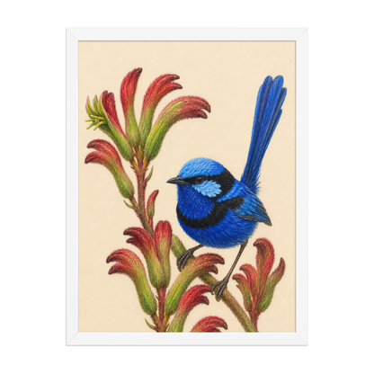 Framed Splendid Fairywren blue wren colored pencil illustration on Kangaroo Paw flowers, wood frame wall art