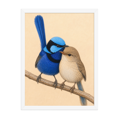 Framed male and female Splendid Fairywren blue wren pair colored pencil illustration, wood frame wall art