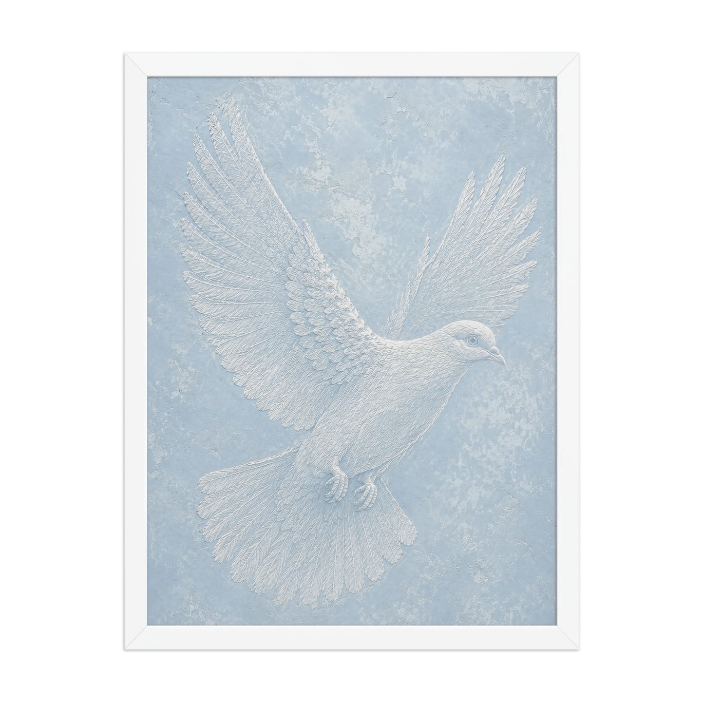 Framed peace dove print with embossed relief-look design on dusty blue textured background