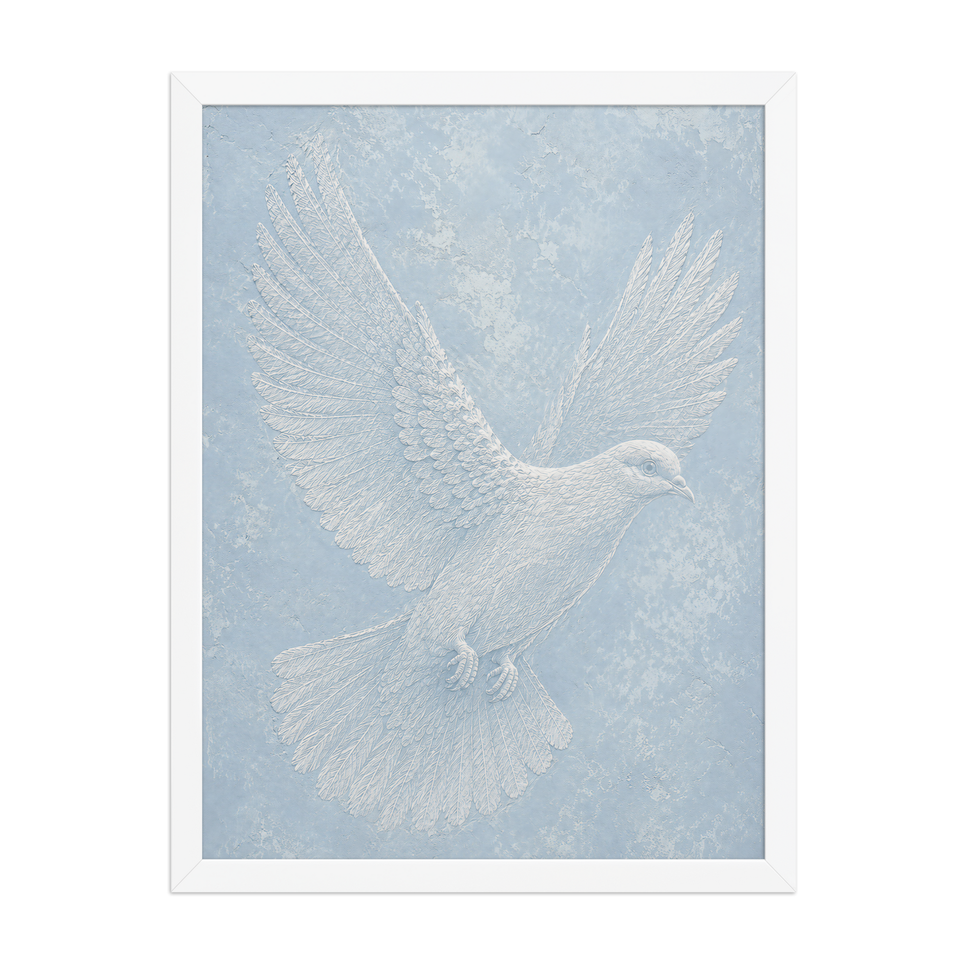 Framed peace dove print with embossed relief-look design on dusty blue textured background
