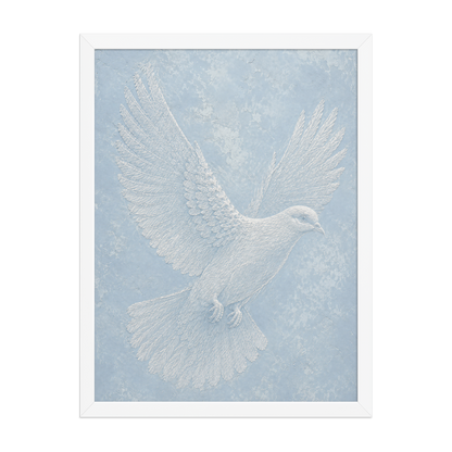 Framed peace dove print with embossed relief-look design on dusty blue textured background