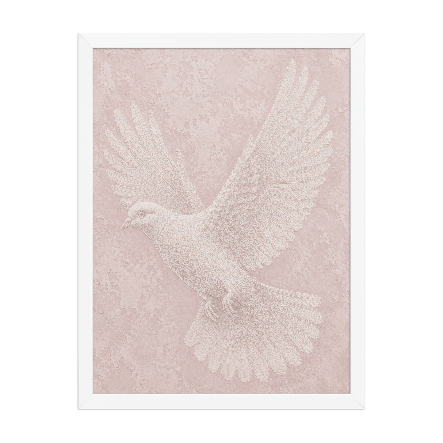 Framed peace dove print with embossed relief-look design on blush pink textured background