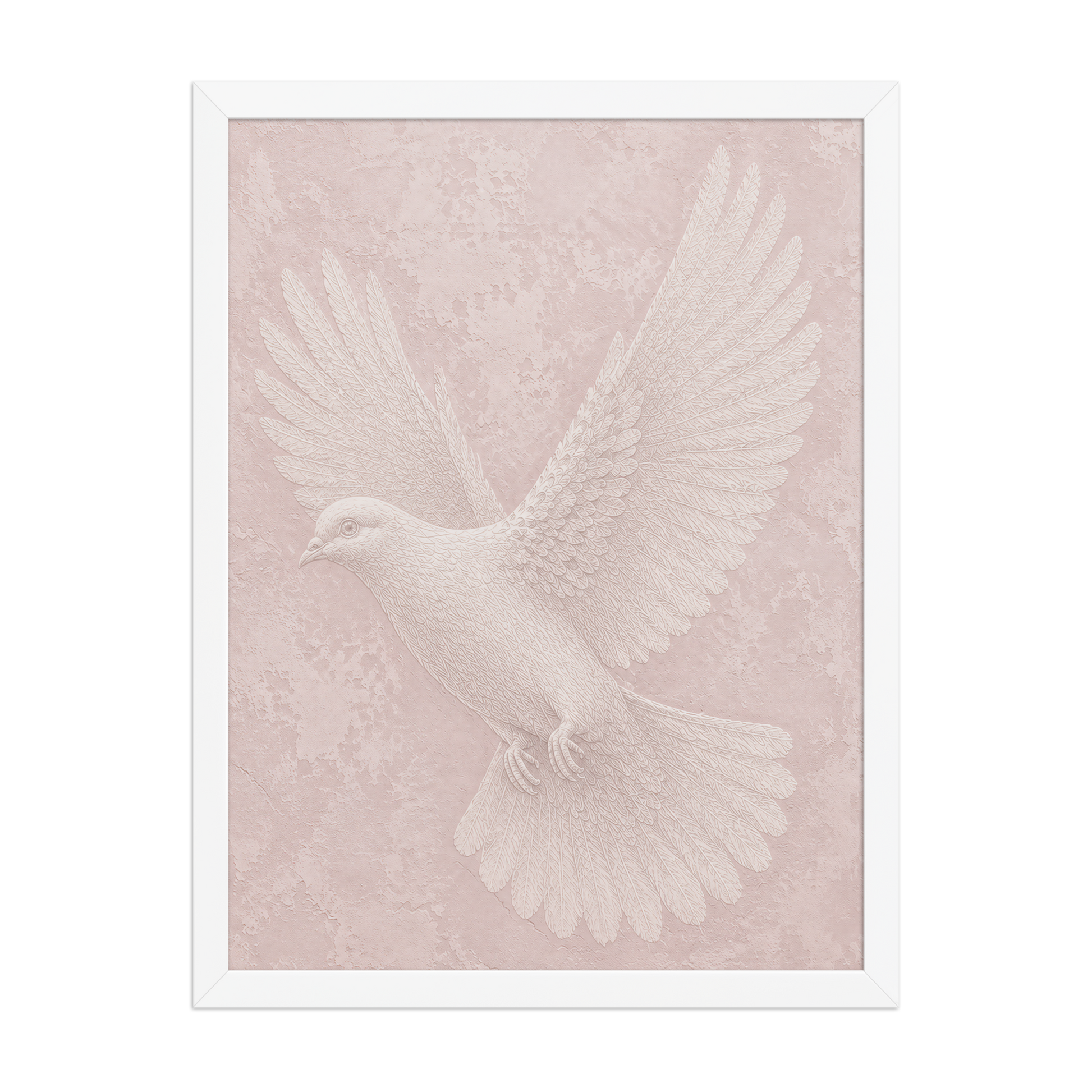 Framed peace dove print with embossed relief-look design on blush pink textured background