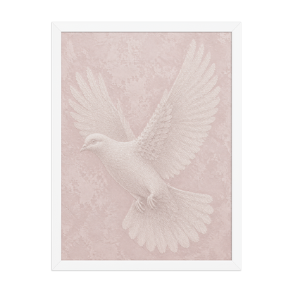Framed peace dove print with embossed relief-look design on blush pink textured background