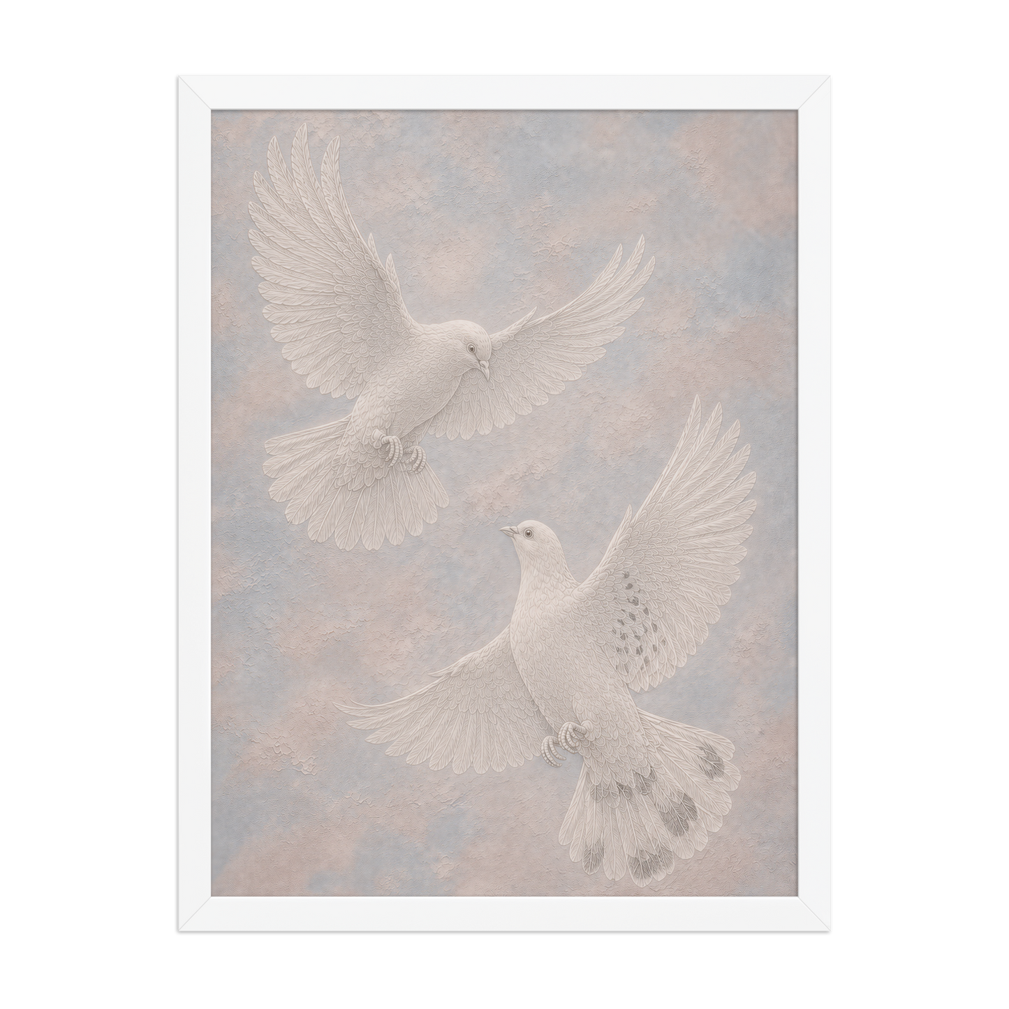Framed two peace doves print with embossed relief-look design on dusty blue and blush textured background