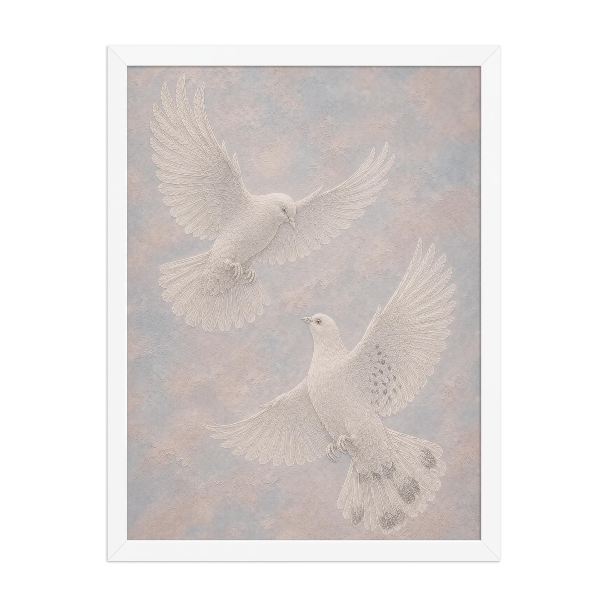 Framed two peace doves print with embossed relief-look design on dusty blue and blush textured background