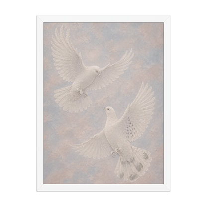 Framed two peace doves print with embossed relief-look design on dusty blue and blush textured background