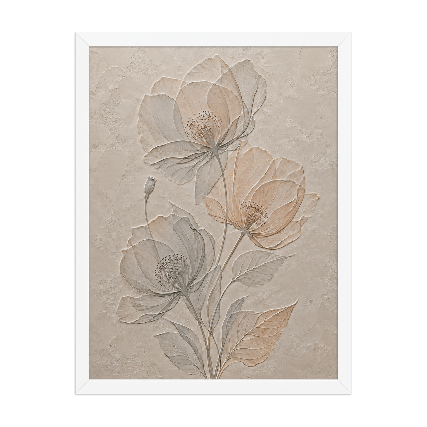 Framed wildflower bouquet print with embossed relief-look design on neutral beige textured background