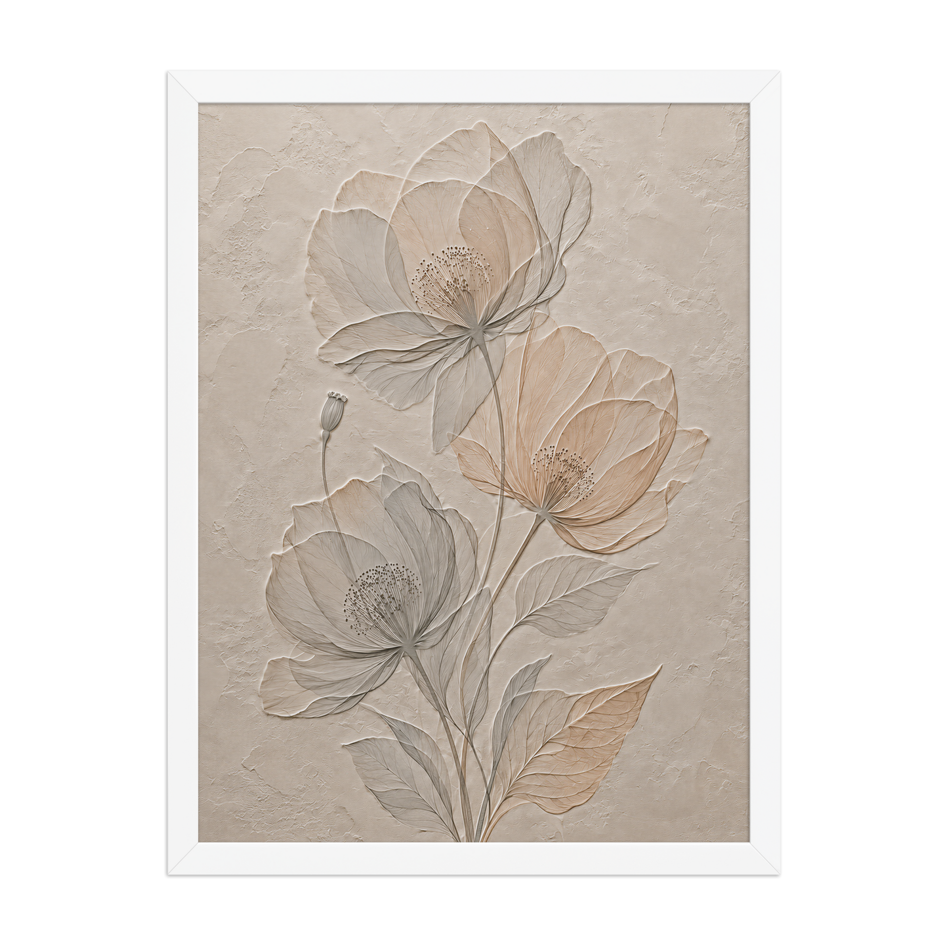 Framed wildflower bouquet print with embossed relief-look design on neutral beige textured background