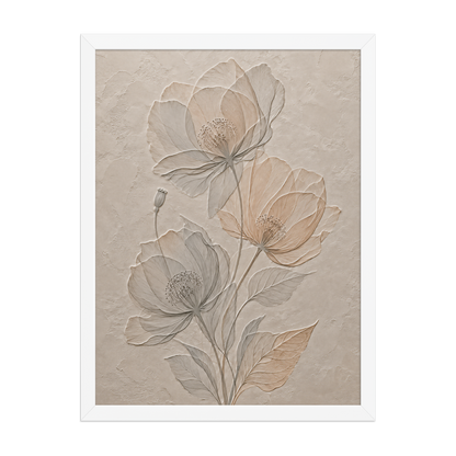 Framed wildflower bouquet print with embossed relief-look design on neutral beige textured background