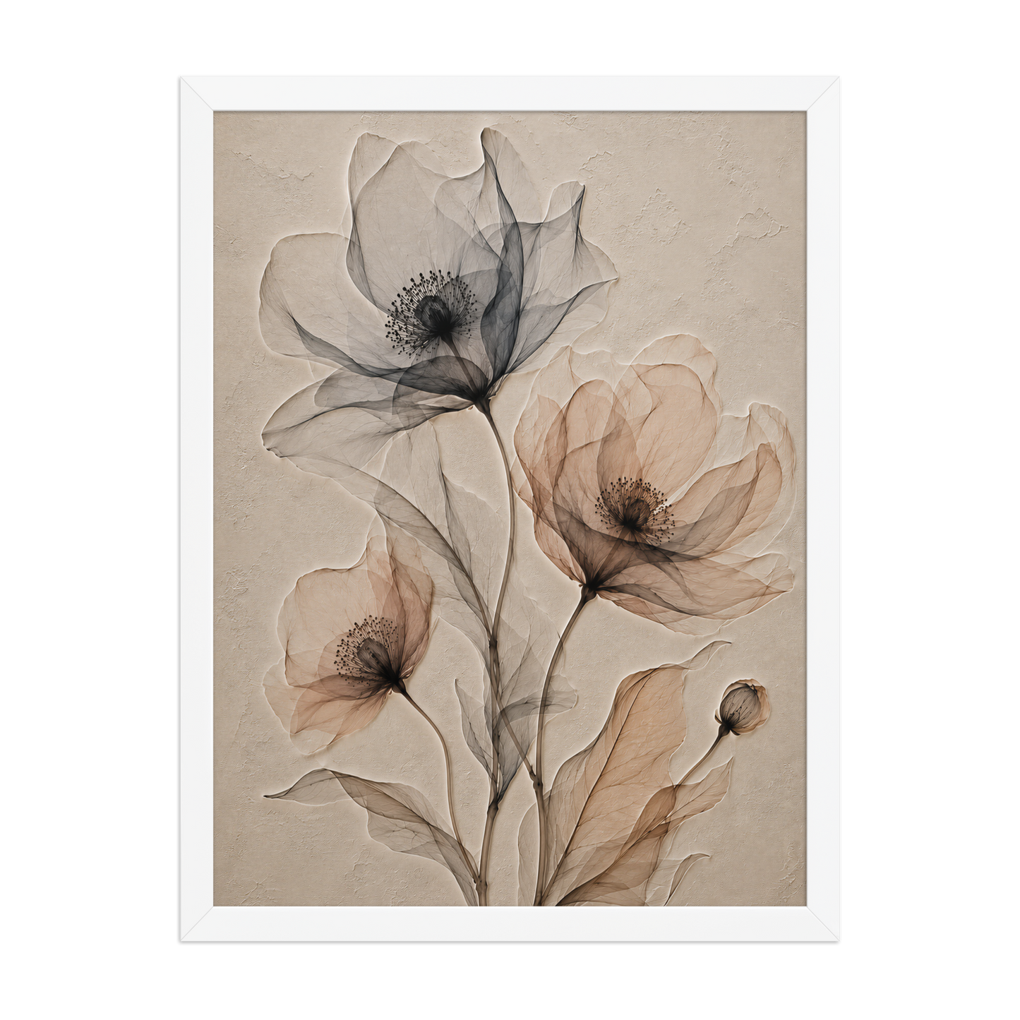 Framed wildflower trio print with embossed relief-look design in charcoal and clay tones on beige textured background