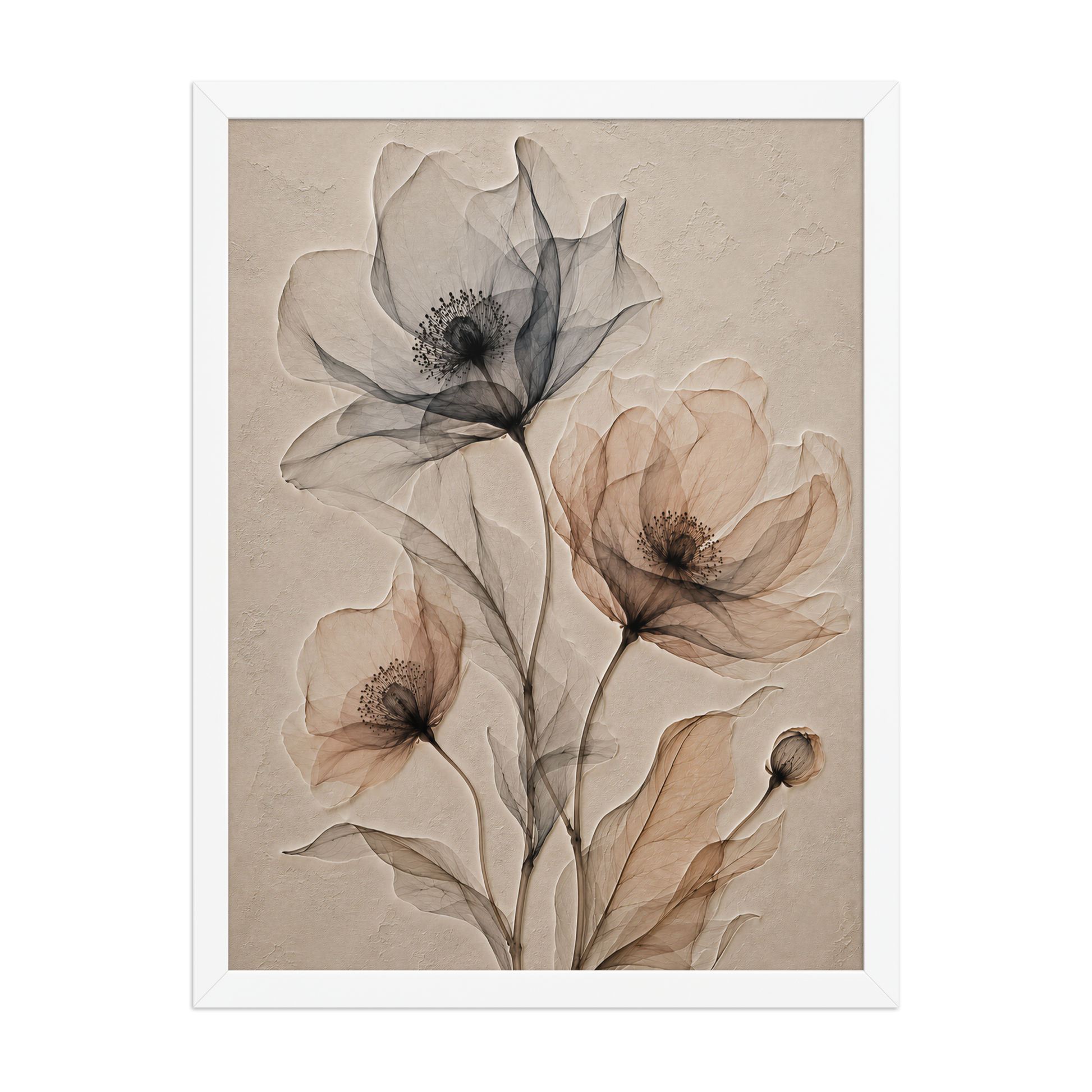 Framed wildflower trio print with embossed relief-look design in charcoal and clay tones on beige textured background