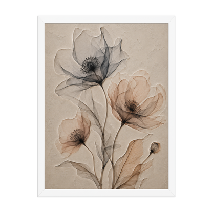 Framed wildflower trio print with embossed relief-look design in charcoal and clay tones on beige textured background