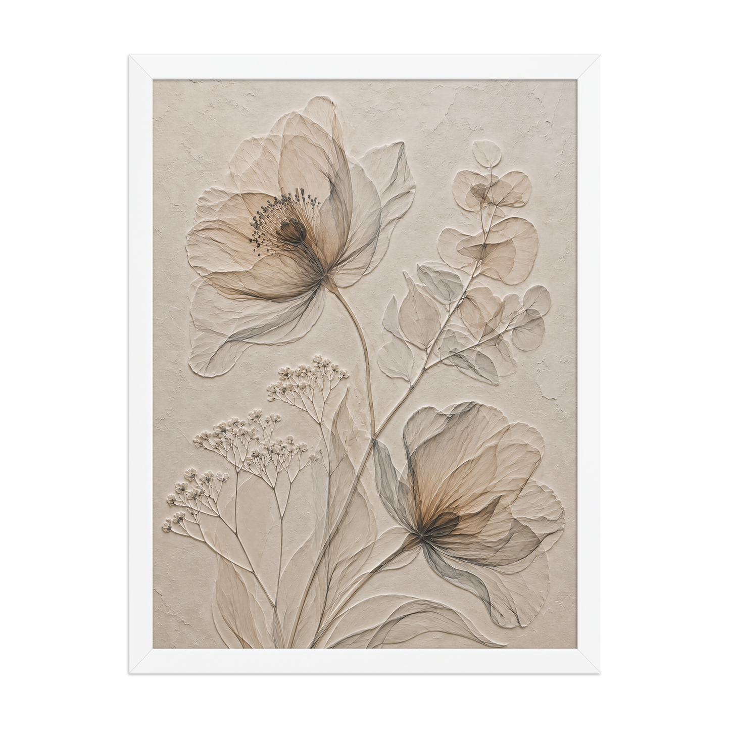 Framed botanical study print with embossed relief-look design in warm sepia tones on beige textured background