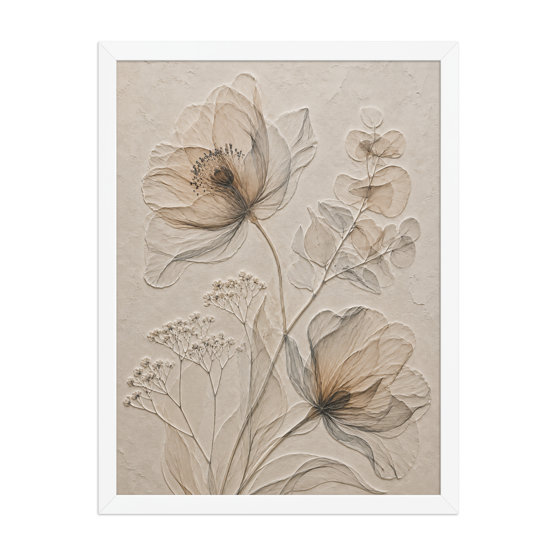 Framed botanical study print with embossed relief-look design in warm sepia tones on beige textured background