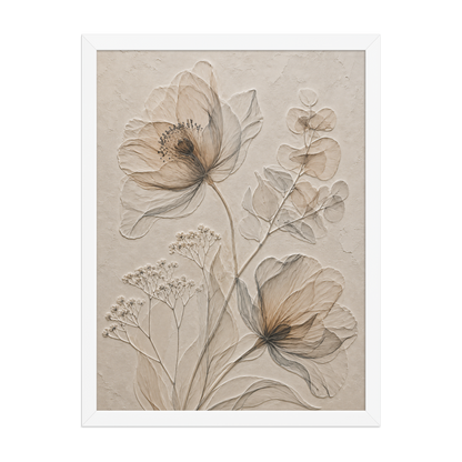 Framed botanical study print with embossed relief-look design in warm sepia tones on beige textured background