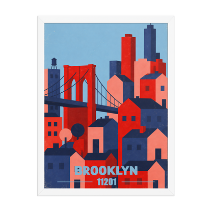 Framed Brooklyn Bridge retro travel poster, 11201 zip code wall art