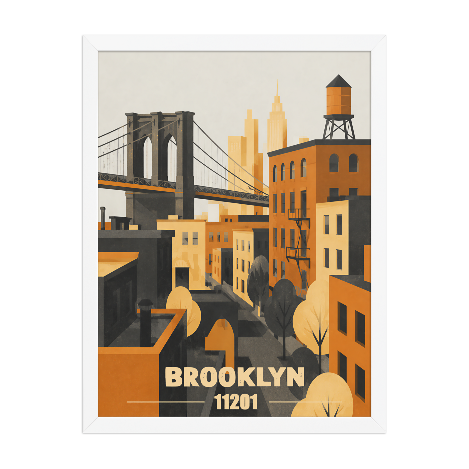 Framed Brooklyn fire escape retro travel poster, 11201 zip code wall art