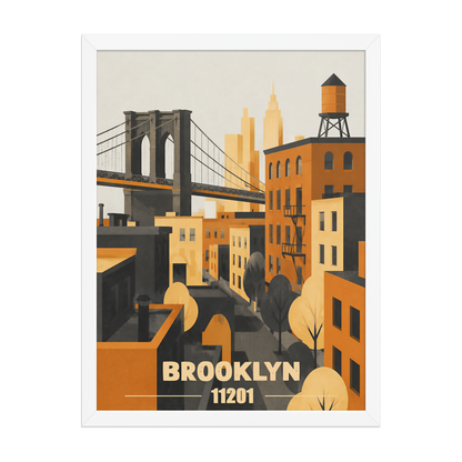 Framed Brooklyn fire escape retro travel poster, 11201 zip code wall art