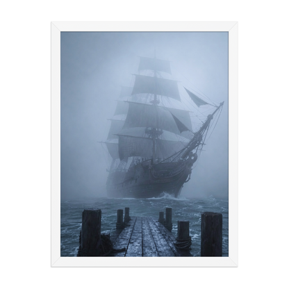 Ghost ship emerging from fog at dawn, dark moody framed wall art print ready to hang, JMTR Jeometry Store