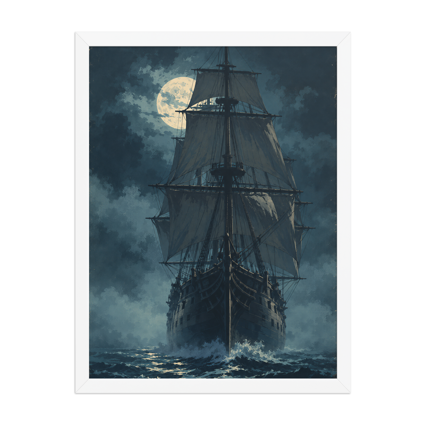 Tall ship sailing under full moon at night, vintage atmospheric nautical framed wall art print ready to hang, JMTR Jeometry Store