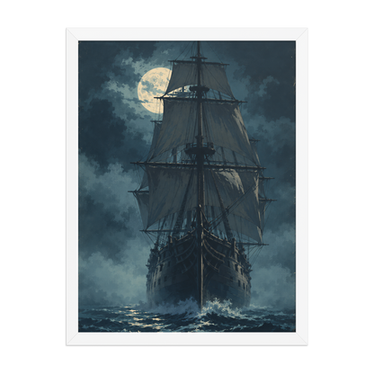 Tall ship sailing under full moon at night, vintage atmospheric nautical framed wall art print ready to hang, JMTR Jeometry Store
