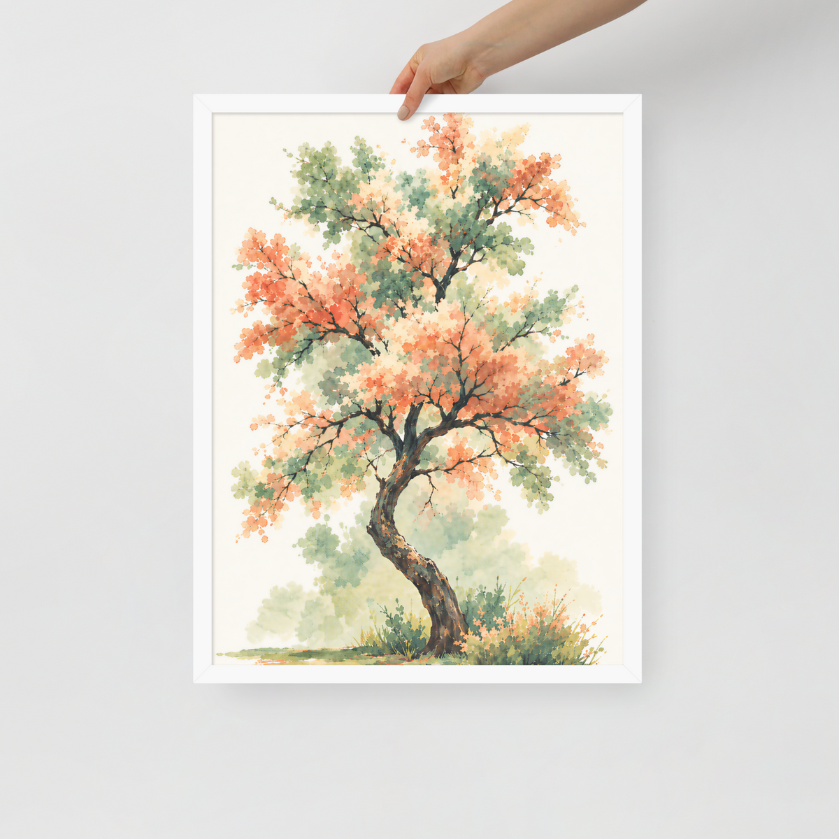 Watercolor painting of a blossoming tree with coral and sage green leaves, twisting trunk in a quiet meadow, framed wall art print ready to hang, JMTR Jeometry Store