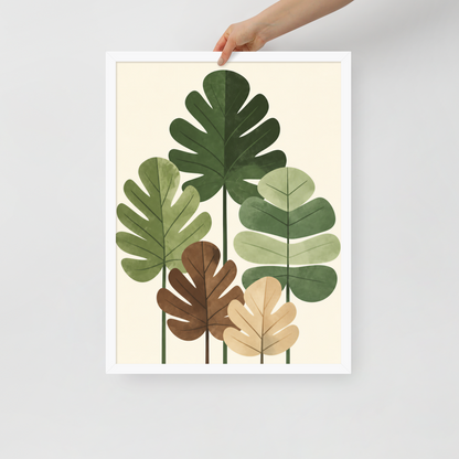 Illustrated fig leaves in shades of green, brown and gold with textured paper-like finish, framed wall art print ready to hang, JMTR Jeometry Store