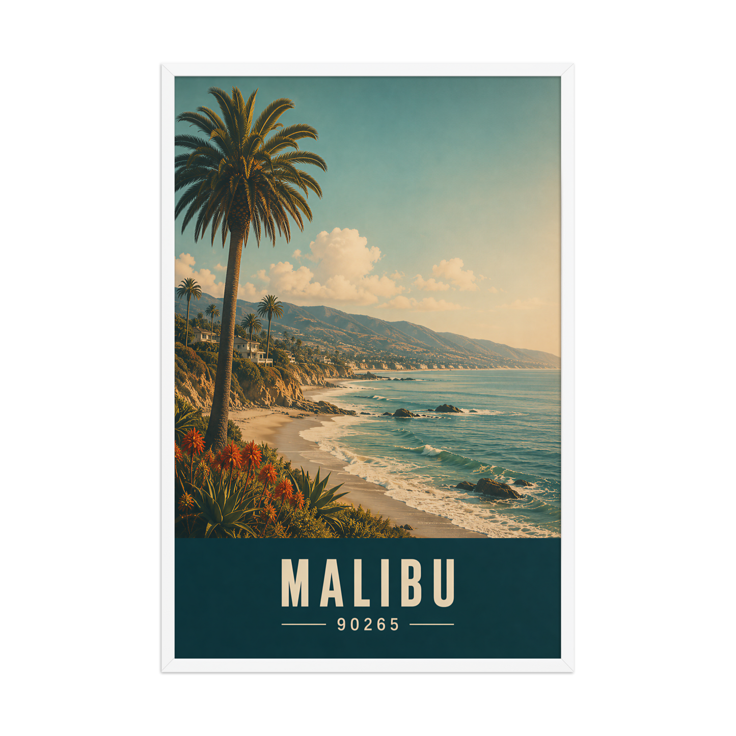 Framed Malibu California retro travel poster with 90265 zip code, coastal beach wall art