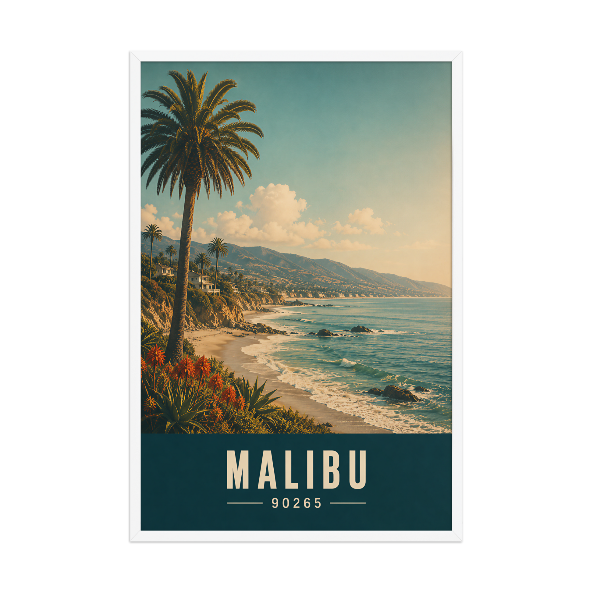 Framed Malibu California retro travel poster with 90265 zip code, coastal beach wall art