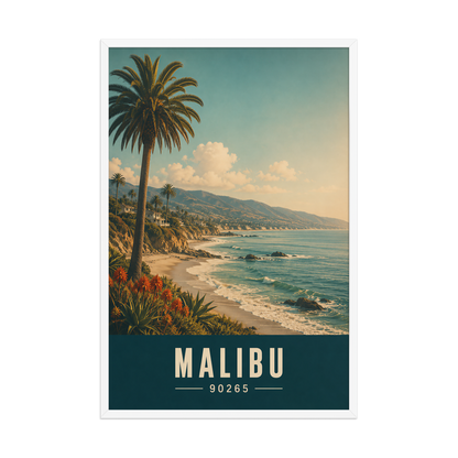 Framed Malibu California retro travel poster with 90265 zip code, coastal beach wall art