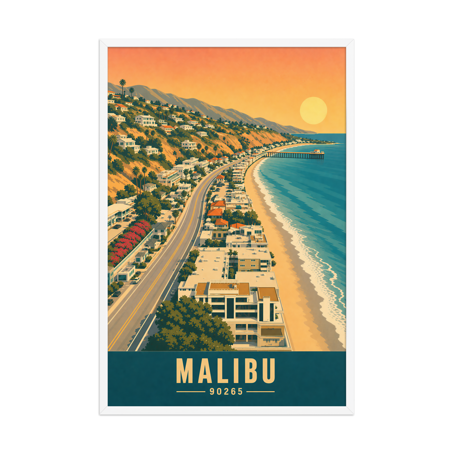 Framed aerial Malibu Pacific Coast Highway poster with 90265 zip code