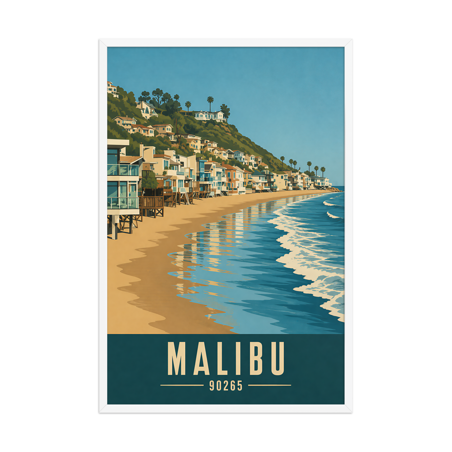 Framed Malibu beach house coastal poster with 90265 zip code