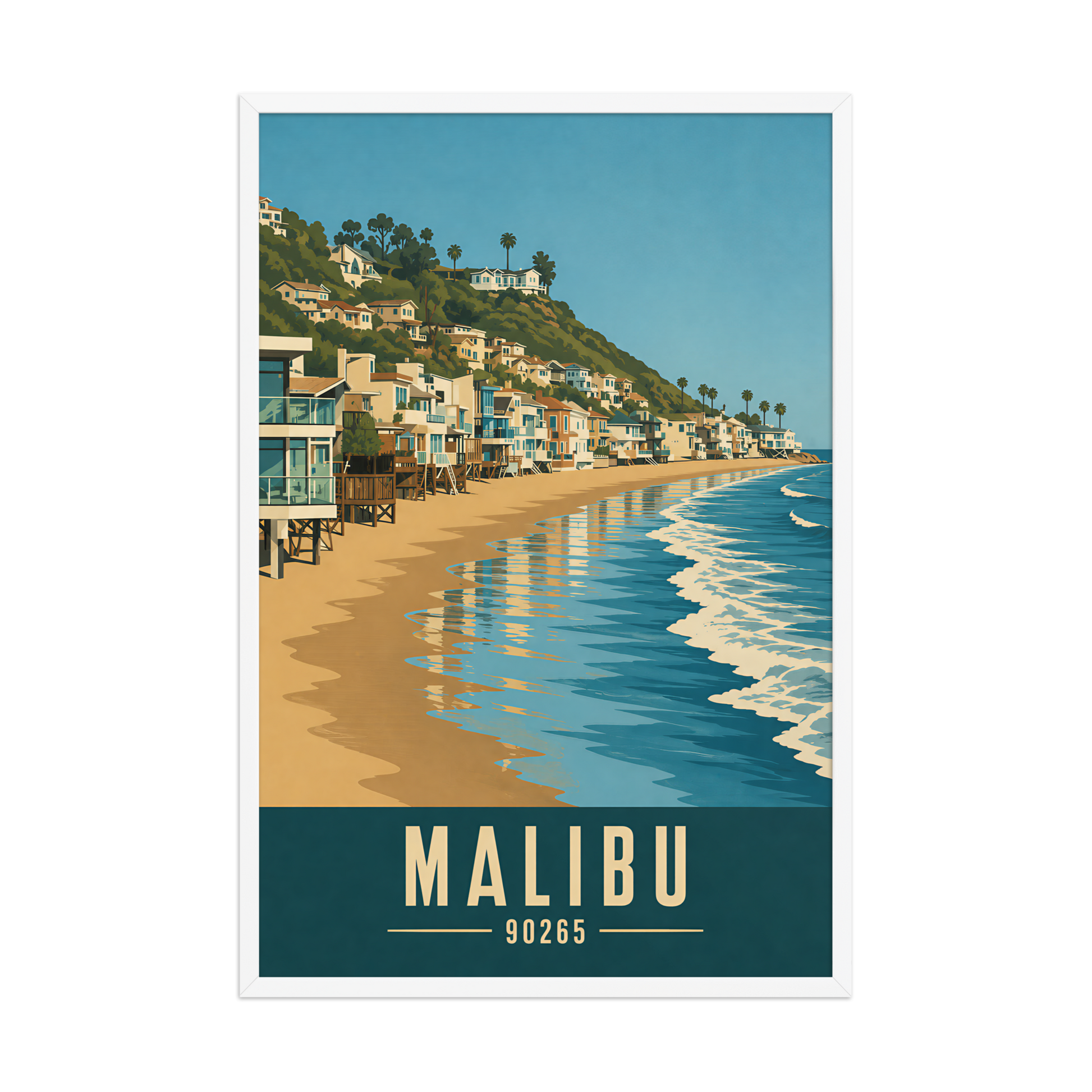 Framed Malibu beach house coastal poster with 90265 zip code