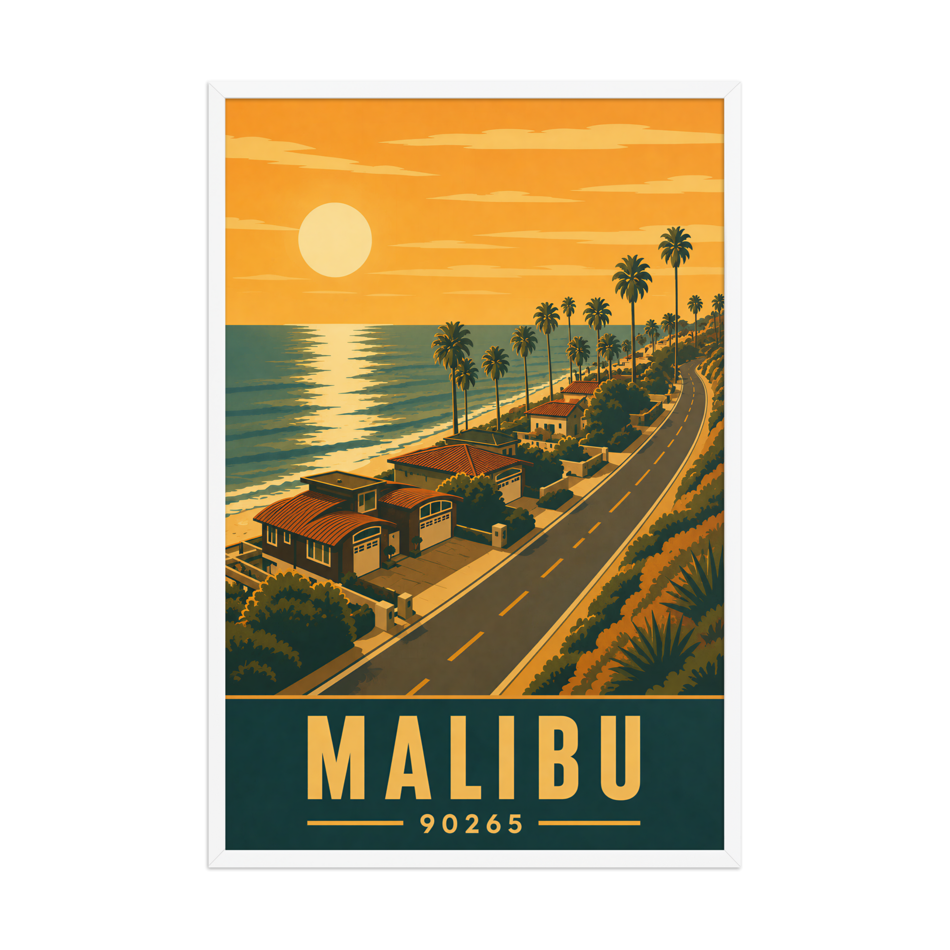 Framed Malibu palm-lined sunset coastal road poster with 90265 zip code