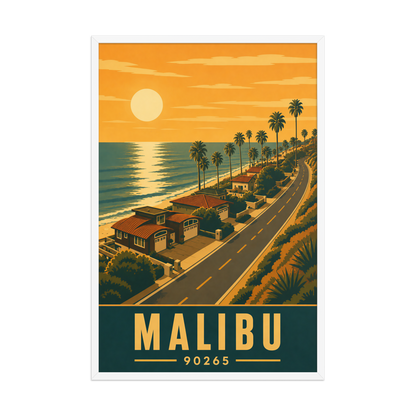 Framed Malibu palm-lined sunset coastal road poster with 90265 zip code