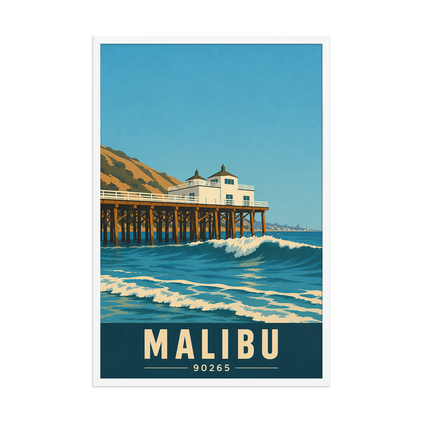 Framed Malibu oceanfront pier and waves poster with 90265 zip code
